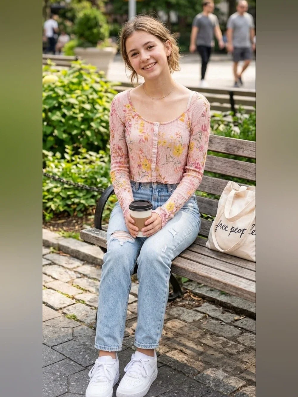 Free People- We The Free Pink Floral Ribbed Button-Front Crop Top Large Petite